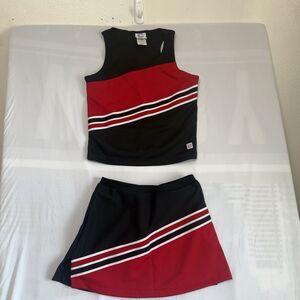 Lot Of 2 Adults Cheerleading Uniform Black Red &White Tops Are Lg Bottom Medium